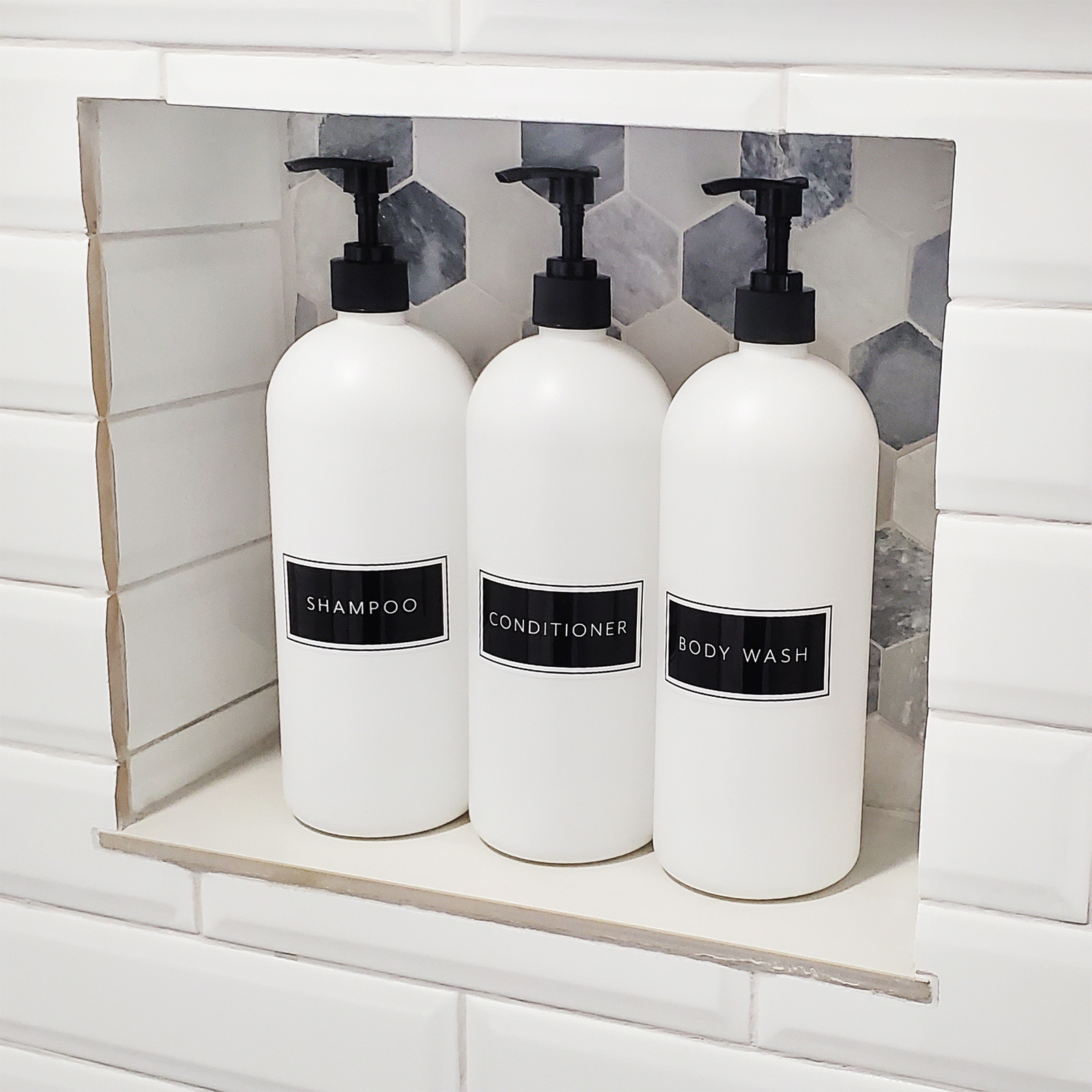 White Plastic Shower Pump Bottles Set of 3; 32oz for Shampoo, Body Wash