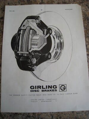GIRLING DISC BRAKES COMMON SAFETY FACTOR FAMOUS CARS 1962 ADVERT A4 FILE 13