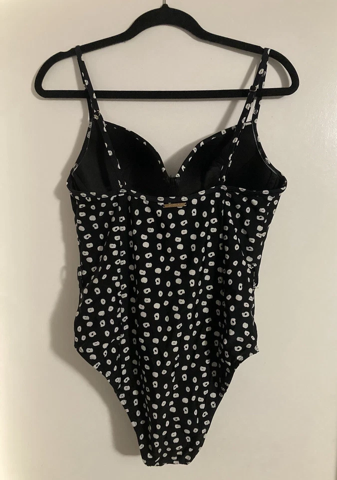 Traje de baño de una pieza Juicy Couture negro blanco estampado de leopardo a lunares talla XL Foto 2 de 4