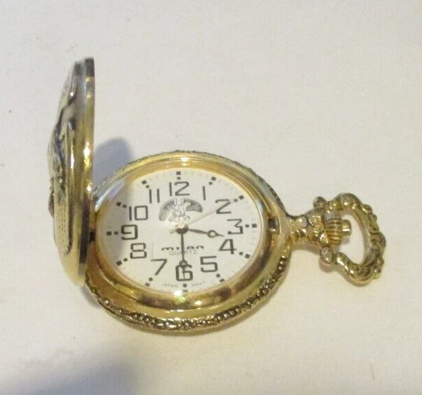 MILAN POCKET WATCH GOLD QUARTZ EAGLE ON FRONT JAPAN MOV T