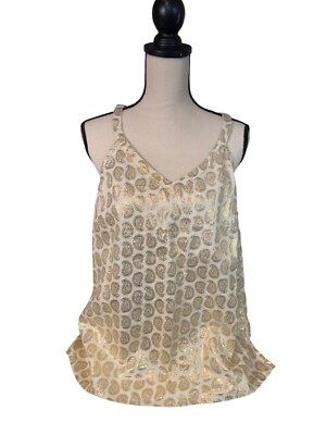 St Tropez Womens Tank Top Metallic Gold Paisley Large  Linen BOHO Beach Resort