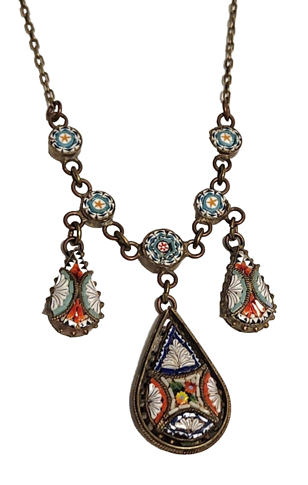 Antiguo Collar Colgante de Latón Lágrima Micro Mosaico Italiano 16,5" Grand Tour