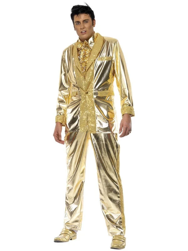 TRAJE COJO DORADO CON LICENCIA ELVIS PRESLEY 3 PIEZAS DISFRAZ DE ESMOQUIN ROCK'N'ROLL PARA HOMBRE ADULTO ESTRELLA Foto 4 de 4