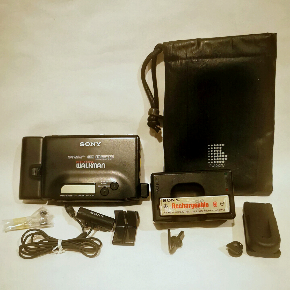 vintage Sony Walkman WM-F707 w/ case & accessories - for
