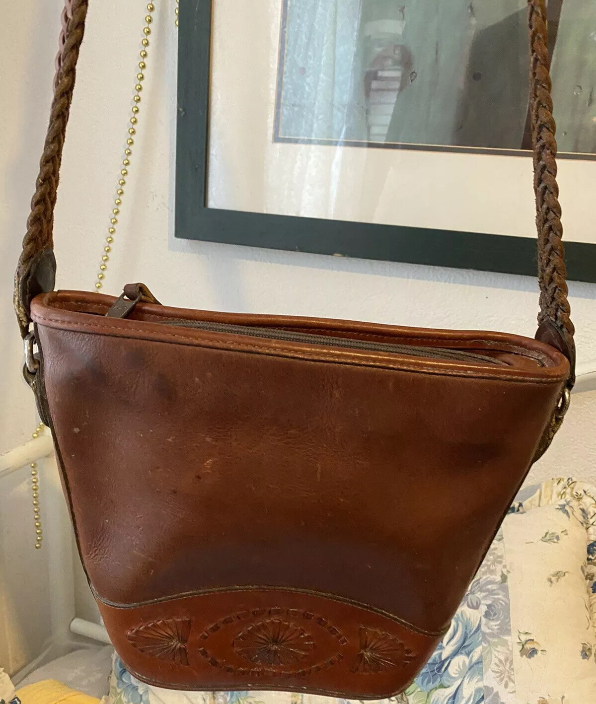 PONY Borsa a tracolla BRIGHTON marrone whisky VINTAGE cucita a mano HIPPIE in pelle HandBaG