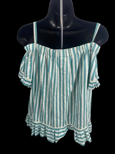 Vintage 80er Off Shoulder Top Shirt blau grün weiß Streifen Preppy Coastal 14 XL - Bild 11 von 12