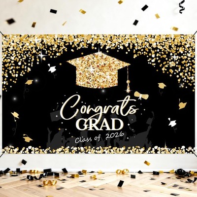 PARTY KNIGHT Graduation Decorations 2026 - Black and Gold Backdrop, 