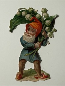 1883 German Gnome Die Cut Lily of the Valley Elf Pixie Victorian Antique Beard
