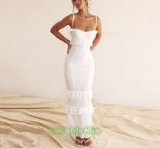 Women White Off Shoulder Layered Ruffle Slip Wrap Evening Party Long Dress