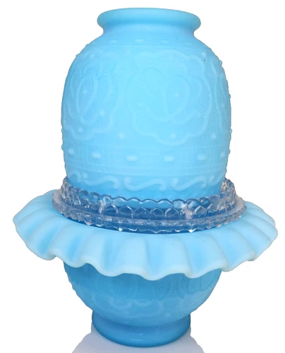 Vintage Fenton | Blue Satin Glass | Rose Persian Medallion Fairy Lamp | 3 Pc Set