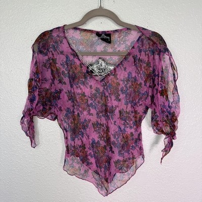 Angie Y2K Top Women Small Floral Sheer Boho Beaded Blouse Festival Coachella NEW