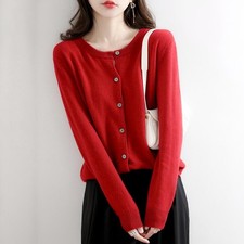 Women's Cashmere Blend Cardigan Sweater Solid Color Simple Crew Neck Jacket Coat
