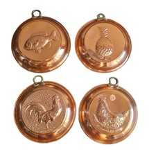 4 colgantes de pared redondos de cobre de colección 8,5 gallos peces piña granja cobre