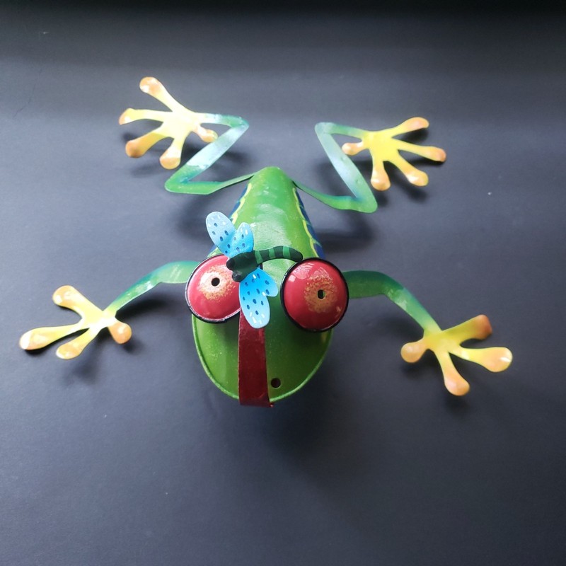 Metal Frog Catching Dragonfly Figurine - 10x10 - Vibrant Colors & Whimsical