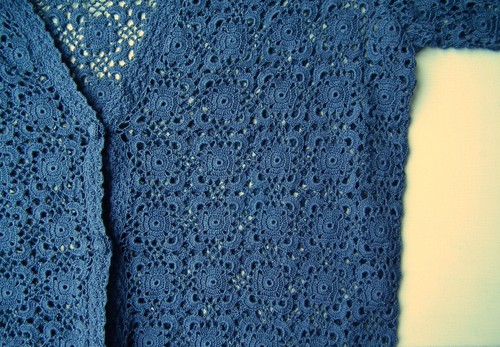 Women's vintage hand crochet cardigan blue M 1970s 1980s lacy cotton handmade - Picture 14 of 18