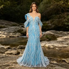 Luxury Mermaid Full Bead Party Dress Blue Off Shoulder Pearl Tassel Evening Gown