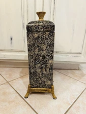 Maitland Smith Tall Decorative Jar Canister Black/Beige Bamboo Stand
