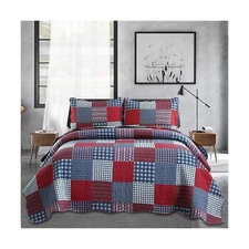Jessy Home Plaid Quilt Set Queen Bedspreads Coverlet Set Red Blue White Patch...