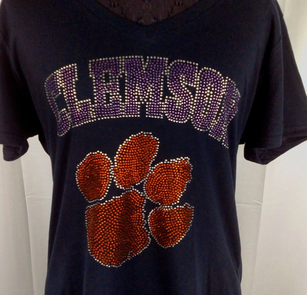 Women's Clemson Tigers Rhinestone Football V-neck T-Shirt Tee