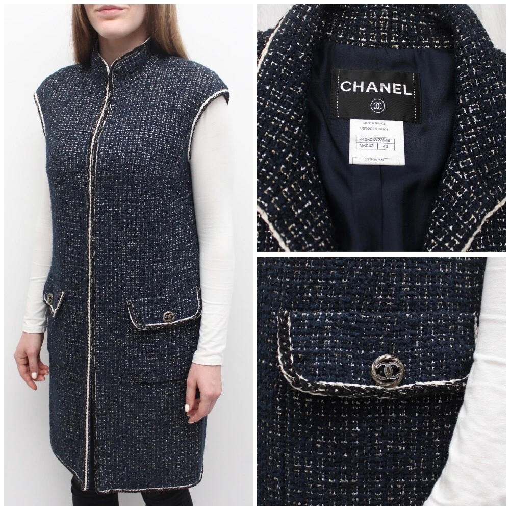 Gilet Donna CHANEL Tweed Cappotto Lungo Senza Maniche Navy RARO Made in FRANCE 40 ~S M