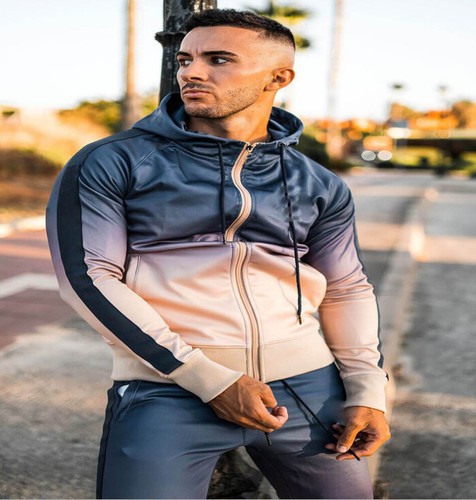 Herren Strickjacke Elastisch Kapuze Farbverlauf Anzug Neu Farblich Passend Sport Fitness - Bild 10 von 10