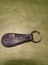 Antigo Wisconsin Vintage Co-Op Oil Assn PURE OIL  Hardware Leather Keychain Fob