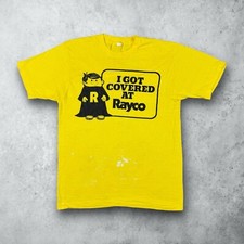 Vintage 70s Covered At Rayco Car Seat Graphic T-Shirt Yellow Sz Medium USA Made