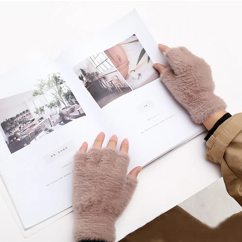 Womter Warm Half Finger Gloves,Fluffy Plush Fingerless Flip Gloves Flap Cover - Picture 12 of 29