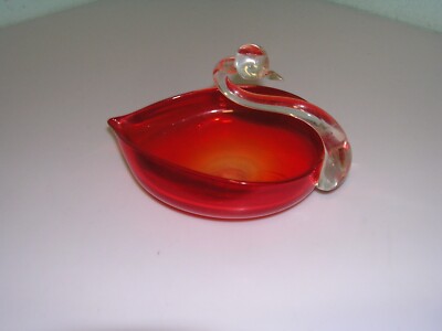 Vintage Ducan Miller Orange Red  & Clear Glass Swan Bird Duck Candy Dish Bowl