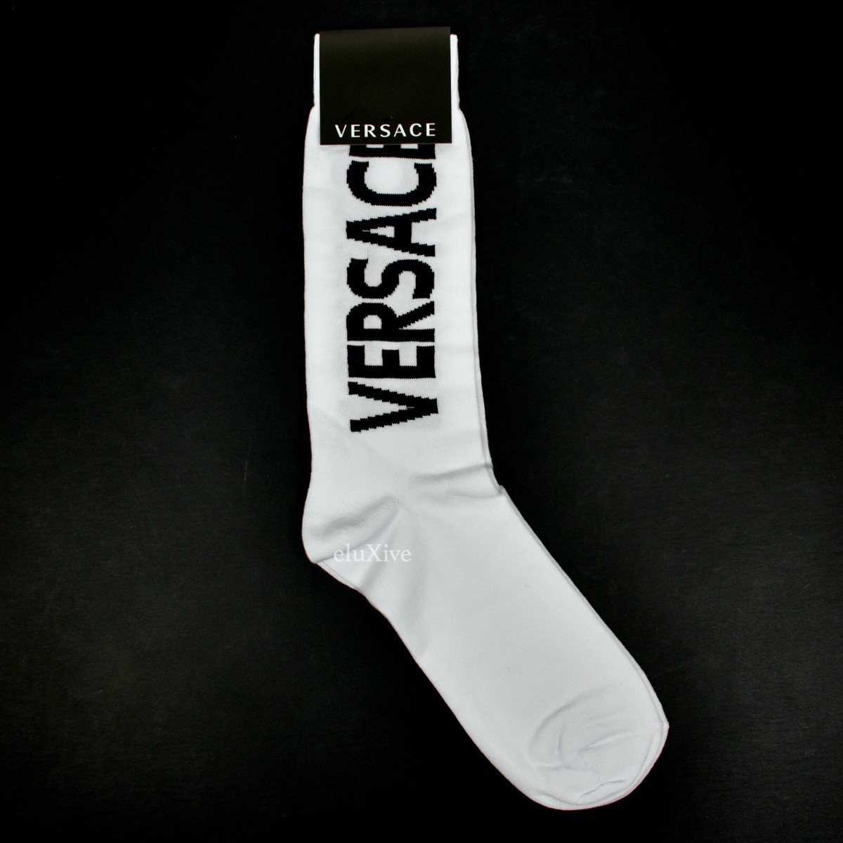 VERSACE ホワイト ロゴ ソックス NWT $95 Versace Men's White Black Big Logo Knit Cotton Crew