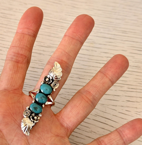 Navajo Three Stone Long Flower Turquoise Ring Sz 8 Signed A Platero Sterling - Picture 2 of 9