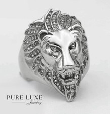 Men's Stainless Steel LION Head Cubic Zirconia Ring 8 9-13 High Polish.Box