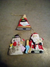 VTG Hollow Porcelain Christmas Ornaments Set of 3 Frosty Snowman/Santa/Cat Bell