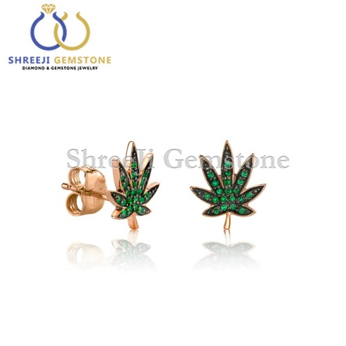 Small Pavé Emerald Pot Leaf Stud Earrings 14k Solid Gold Jewelry Gift For Mother - Picture 3 of 4
