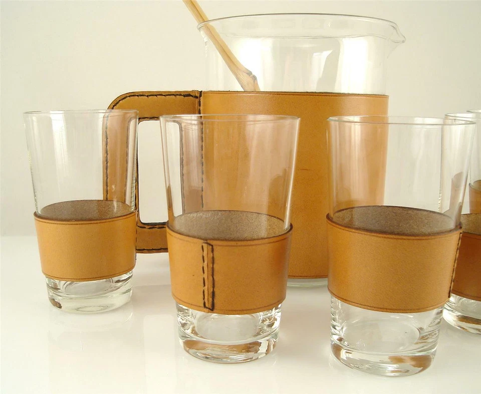 Antiguo juego de 5 vasos + jarra años 50 60 Carl AUBOCK Auböck cuero vidrio bambú Foto 3 de 4