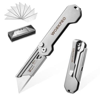 WORKPRO 2PC Folding Utility Knife Quick Change Box Cutter Razor Knife 10PC Blade