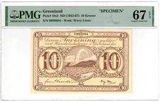 GREENLAND 1953 - 1967 SPECIMEN 10 KRONER. PMG-67EPQ. SCARCE. TOP POP 2/0. P-19s2