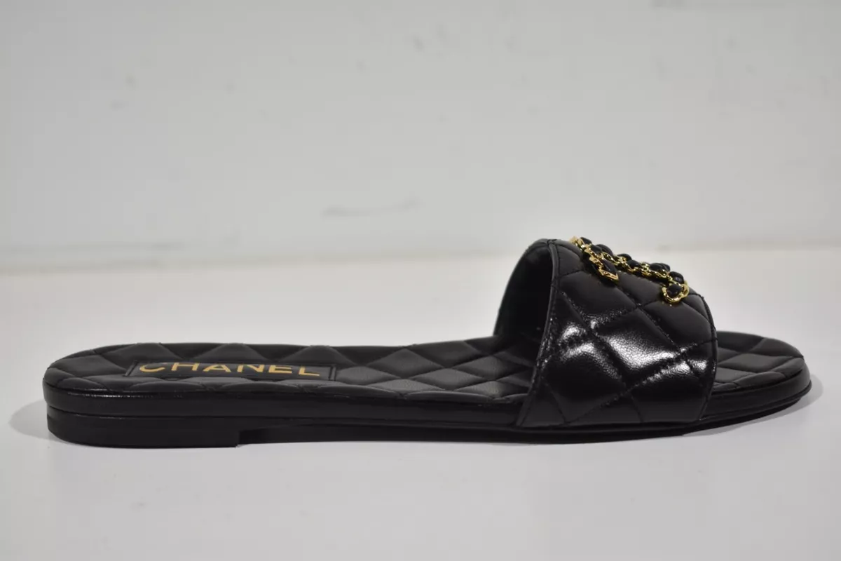 Chanel 23P Black Chain Gold CC Logo Quilted Mules Slide Sandal