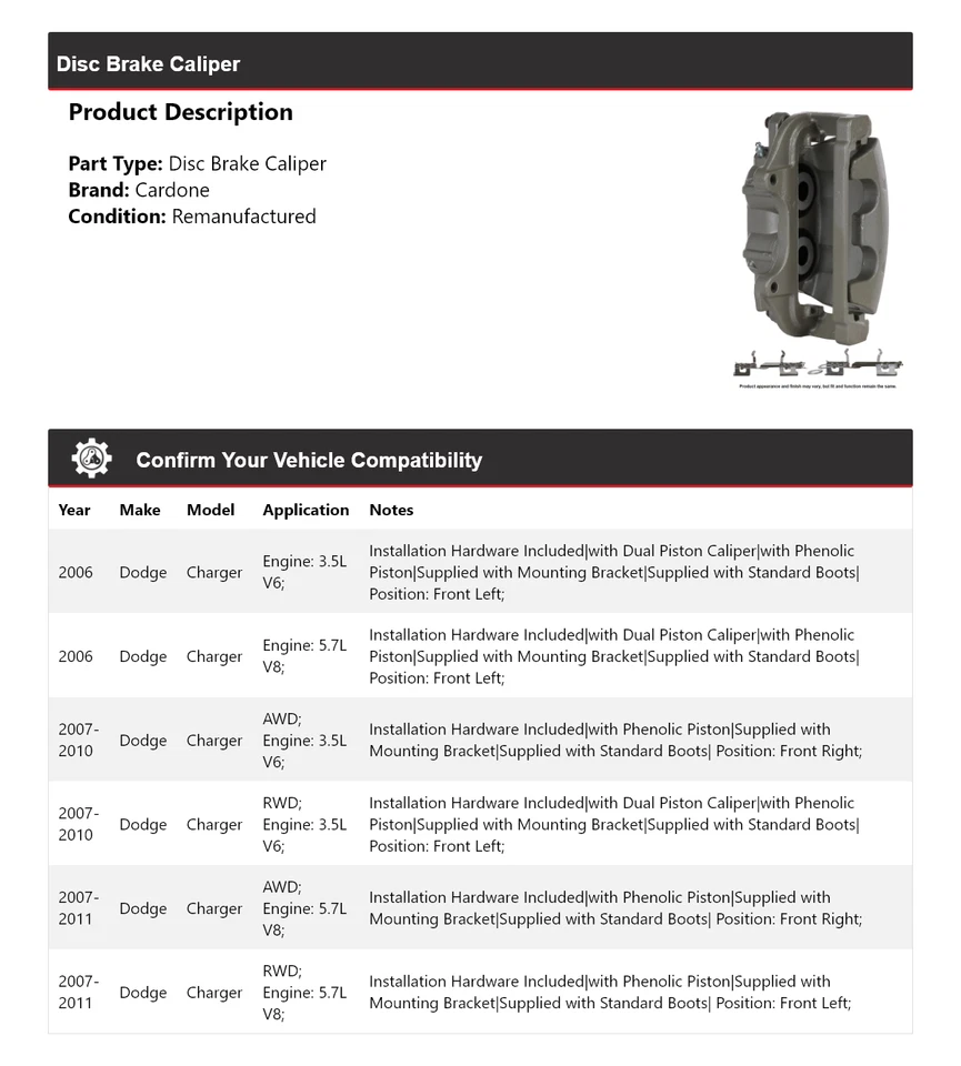 For 2006-2011 Dodge Charger Disc Brake Caliper Cardone 2007 2008 2009 2010 - Image 2 of 4