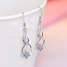 Women 925 Sterling Silver Plated CZ Twist Drop Dangle Earrings Gift F14