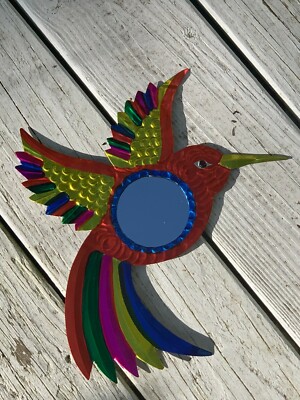 Colibri Hummingbird Mexican Hand Painted Punched Tin Mirror Wall Art 12x11 B