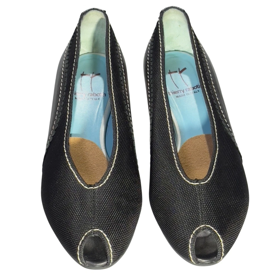 Thierry Rabotin Mujer Negro Peep-Toe Cuñas Hecho en Italia Tela de Cuero Talla 38 Foto 2 de 4