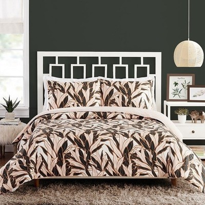 Teresa Chan Leaves Black Botanical Cotton King Duvet Cover Set 3pc - New