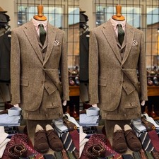 Business Men Suits Tweed Herringbone 3 Pieces Formal Tuxedos Wool Blend Coats