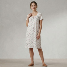 Ladies Floral Nightie 100% Cotton Women Nightdress Short Sleeve White Size 10-24