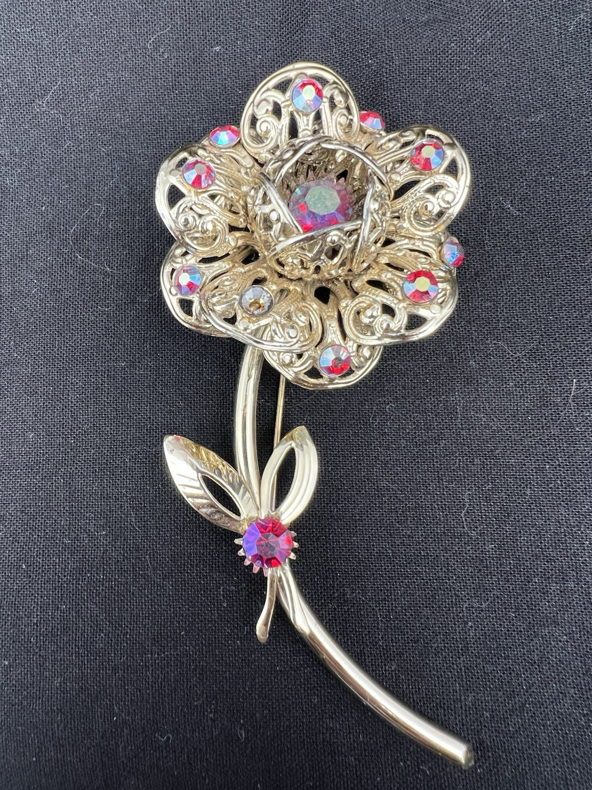 Vtg Sarah Coventry Flower Stem Brooch Aurora Borealis Red Rhinestones Gold Tone