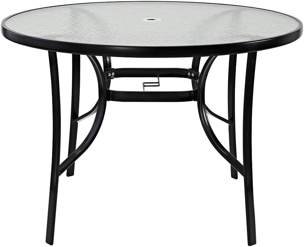 Outdoor Dining Table Round 105cm Tempered Glass Parasol Hole Metal Frame Patio