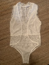 SEXY ROMANTIC VICTORIAN LACE ESQUE BODYSUIT TEDDY LINGERIE sz L Sheer IVORY