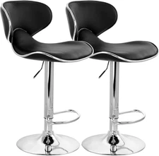 Modern 2 Piece Slim Faux Leather Adjustable Bar Stool in Black with Chrome Base