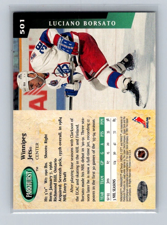 1993-94 Parkhurst #501 Emerald Ice Luciano Borsato Winnipeg Jets - Image 2 of 2